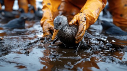 Oil Spill Bird Rescue: Hands in protective gear gently cradle an oiled bird, symbolizing the urgent effort to mitigate the devastating effects of pollution on vulnerable wildlife.