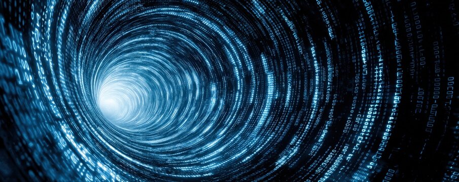 A swirling tunnel of binary code, representing digital data flow, cyberspace, and futuristic technology concepts. - Powered by Adobe