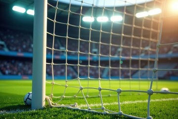 Obraz premium Soccer goal net, close-up view showing detail of netting and frame , sporting goods, mesh