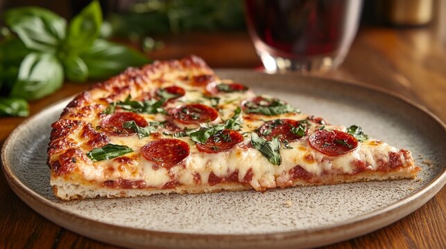 Indulge in a savory slice of pepperoni pizza adorned with fresh basil a culinary masterpiece on a rustic plate with warm