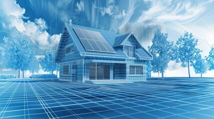 Wireframe rendering of a house with solar panels under a cloudy blue sky and trees around it