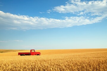 Fototapeta premium Red truck parked amidst golden wheat fields under a clear blue sky showcasing the beauty of rural life during harvest season