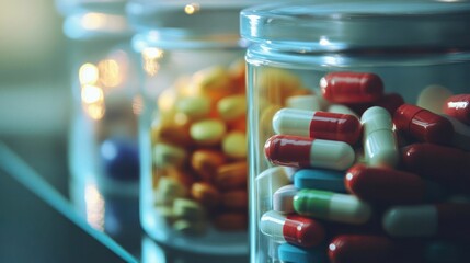 Close-up view of assorted pills in glass jars showcasing pharmaceutical medicine