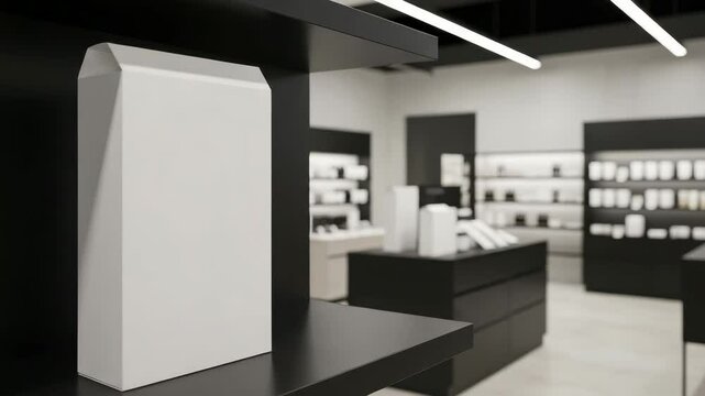 A contemporary retail space features sleek product displays against a stylish backdrop
