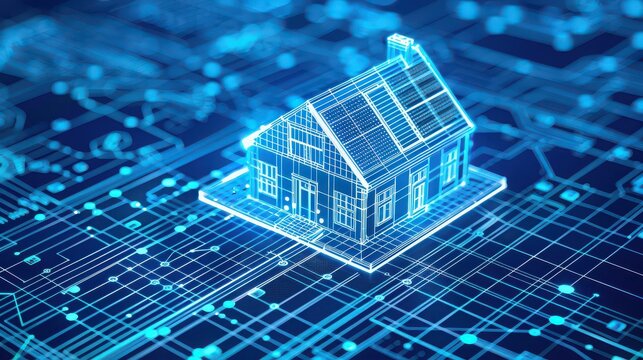 Digital blueprint of a house with solar panels on a blue circuit board background illuminated with light - Powered by Adobe