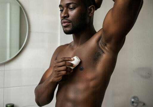Shirtless African American man applying deodorant antiperspirant stick to underarm area in bathroom