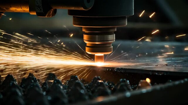 Laser cutting metal with sparks flying in industrial workshop  