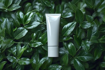 Natural Skincare Concept: Cosmetic Tube on Lush Greenery for Eco-Friendly Design
