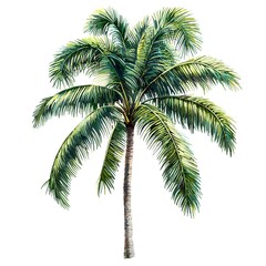 Obraz premium Tall tropical palm tree with lush green fronds and a sturdy brown trunk isolated on white background, perfect for tropical landscapes, outdoor decor, and botanical design