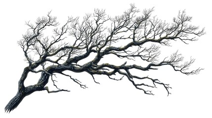 Obraz premium Detailed image of a large leafless tree with intricate twisted branches stretching out in various directions against a white background, emphasizing natural bark texture