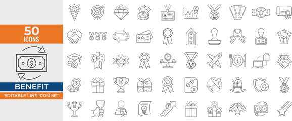 Benefit and Reward Line Icon Set – Bonus, Loyalty, Employee Perks, Award, Prize, Incentive – Editable Vector illustration