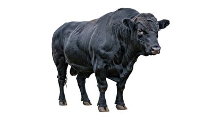 Powerful Aberdeen Angus Bull: Robust Black Coat, Strong Stance on White Background