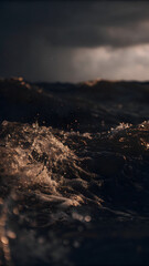 Title: Dramatic Ocean Waves Crashing Under a Stormy Sky with Intense Light Reflections