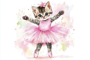 Sweet kitten ballerina gracefully twirling in a cute pink tutu on a whimsical background filled with soft pastel colors and playful splashes of watercolor