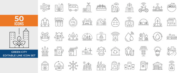 Green City Line Icon Set – Eco, Environment, Green Energy, Zero Waste, CO2 Neutral, Nature – Editable Vector icon