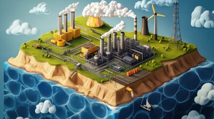 Naklejka premium Industry Island: An evocative illustration showcases the complex interplay between industry, environment, and renewable energy, providing a visual narrative of our planet.