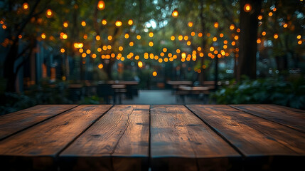 Rustic Wooden Table at Night with Warm String Lights