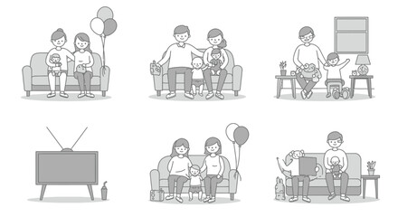 Six monochrome family scenes parents children toys and television