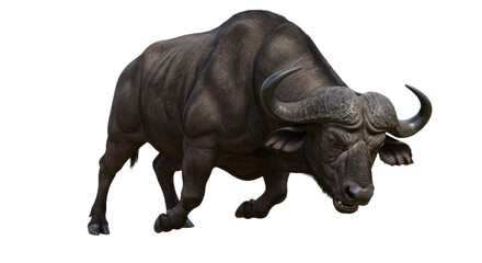 Obraz premium Charging African Buffalo: Aggressive Pose, Horns Forward, Isolated on White