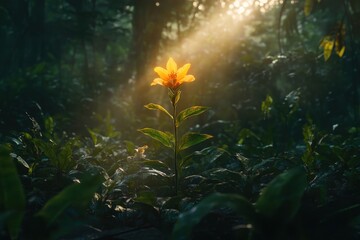 Fototapeta premium Vibrant yellow flower standing tall amidst green foliage in a sunlit forest at dawn