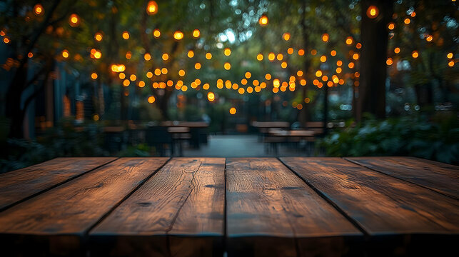 Rustic Wooden Table at Night with Warm String Lights