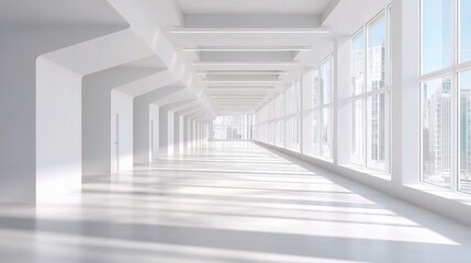 Fototapeta premium Modern White Open Plan Office Corridor with Abundant Natural Light
