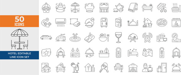 Hotel Services Line Icon Set – Room Booking, Reservation, Parking, Bellboy, Breakfast, Travel – Editable Stroke Vector