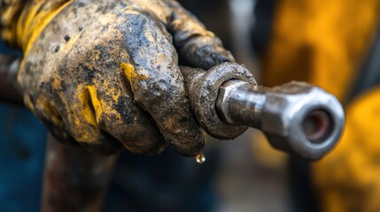 Oil Worker's Hands: Close-up of soiled hands in work gloves holding an oil rig component, with a drop of oil clinging to the metal, highlighting the physicality and potential hazards of oilfield work.
