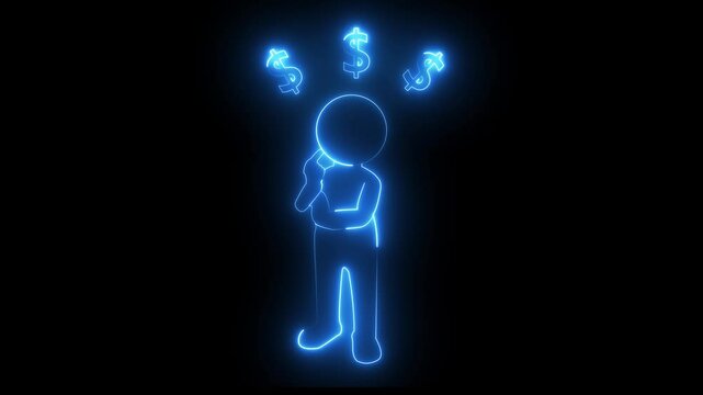 blue Neon icon of a person and dollar with a glowing neon effect animation. dollar concept in person's head. Person with animated dollar symbol icon and black background.