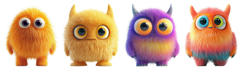 Fototapeta na wymiar PNG Colorful fluffy cartoon monsters, element set on transparent background