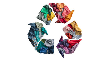 Obraz premium recycle symbol made of colorful fabric scraps isolated, transparent background.