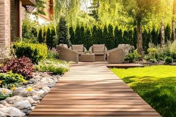 Obraz premium modern garden with wooden walkway leading to terrace with stylish chairs