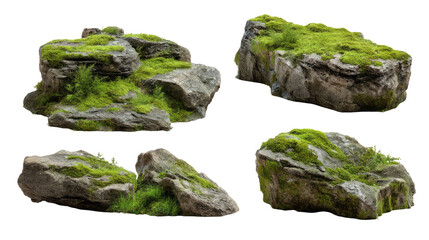 Set of mossy rocks isolated, transparent background.