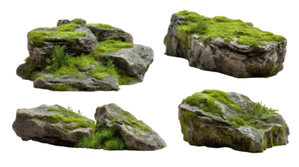 Set of mossy rocks isolated, transparent background.