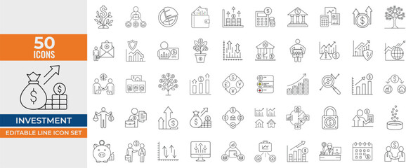 Investment Icon Set - Editable Line Icons for Investor, Asset Management, Profit, Dividend, Financial Growth, Risk Management, Money and More – Vector Illustrations