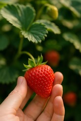 Obraz premium Close-up of a ripe red strawberry being gently held by fingers, with green leaves blurred in the background.