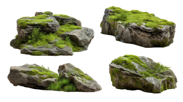 Set of mossy rocks isolated, transparent background.