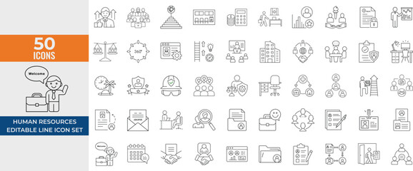 Human Resources Line Icon Set – Recruitment, Employment, Office, Resume, Career, Teamwork – Editable Stroke Vector