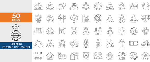 Net Zero Line Icon Set – ECO, Green Energy, Recycling, CO2 Neutral, Solar, Environment – Editable Vector