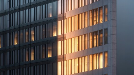 Obraz premium Day to Night Transition on Modern Office Building Facade with Lights
