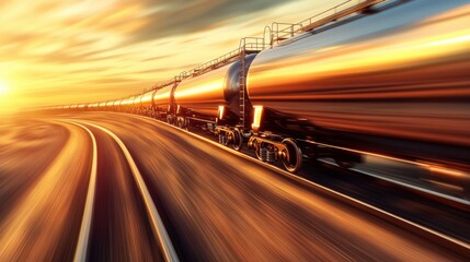 Obraz premium Speed and Transit: A tanker train moves rapidly through a blurred track, the sunlight illuminating the sleek metal surface.