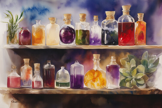 A collection of apothecary bottles with varying shapes and colors, arrayed on a rustic wooden shelf, evoke a sense of old-world charm and mystery, perfect for enhancing any design.