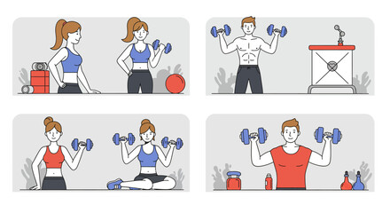 Fototapeta premium Fitness Illustrations Men and Women Lifting Dumbbells
