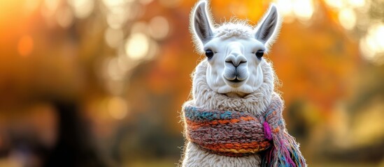 Fototapeta premium Llama wearing colorful scarf in autumn park with blurred background