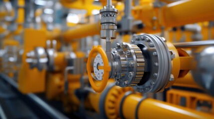 Obraz premium Intricate Industrial Valves: A close-up shot showcases an intricate network of industrial valves and piping. The image highlights engineering.