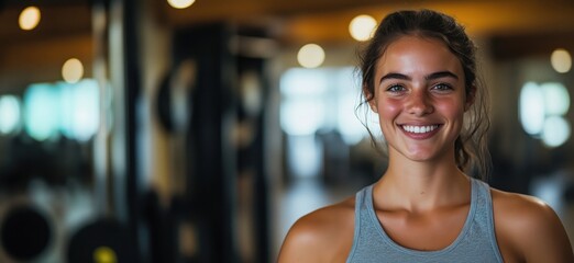 Fototapeta premium Smiling young woman in fitness center showcasing healthy lifestyle and confidence