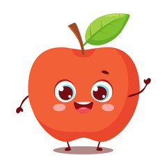 A cute red apple cartoon character with a green leaf and a worm, a juicy and healthy fruit vector illustration