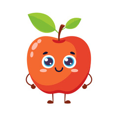 A delightful red apple cartoon character illustration with a green leaf, perfect for a healthy fruit icon or organic food design