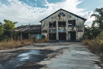 Burned out and abandoned structure overgrown with vegetation revealing signs of decay and neglect in a rural area on a cloudy day