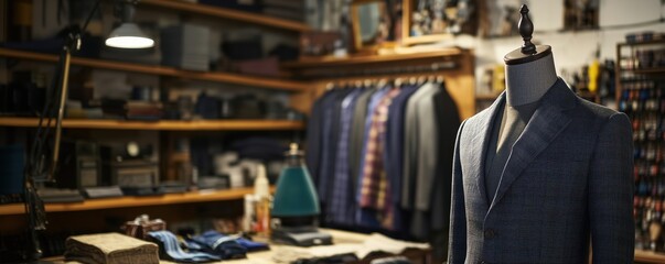 Obraz premium Tailored suit display in bespoke tailoring shop showcasing craftsmanship and elegance